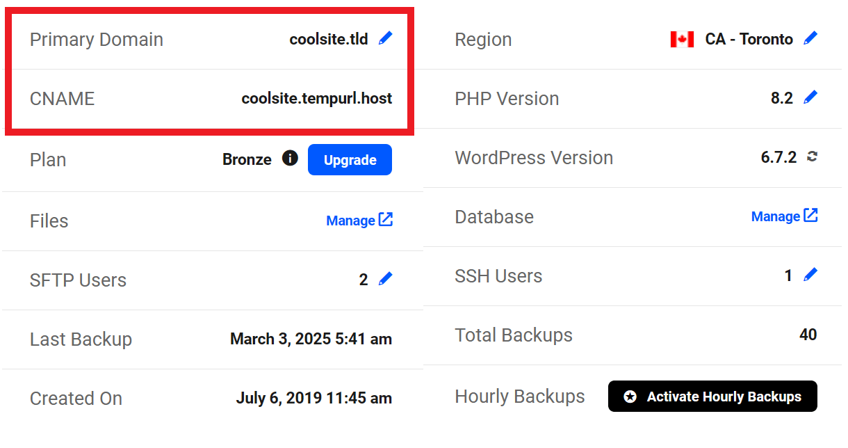 Domains information in Hosting overview