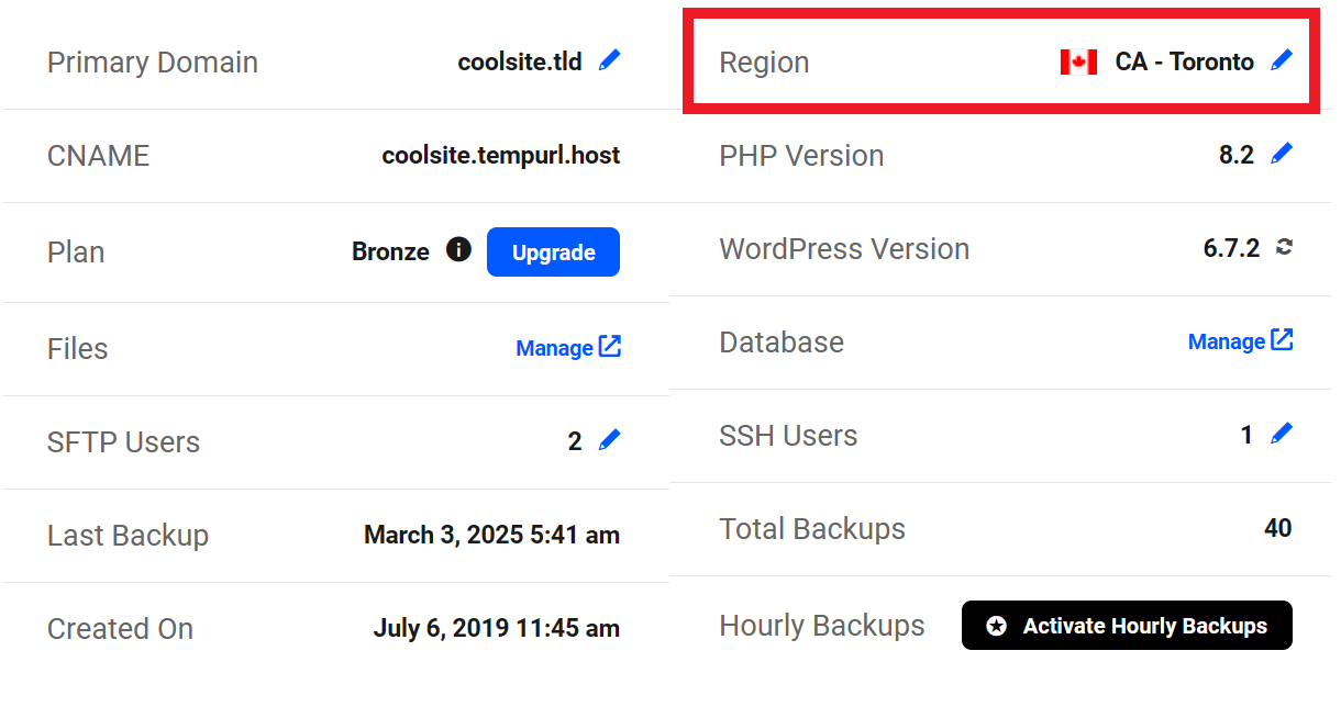 Region information in Hosting overview