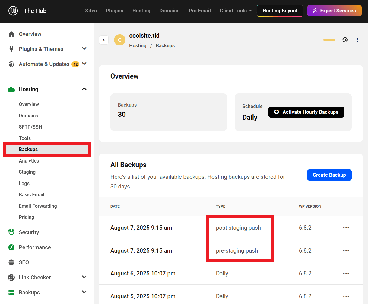 Hosting backups when moving staging to production