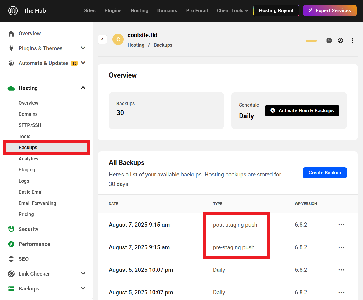 Hosting backups when moving staging to production