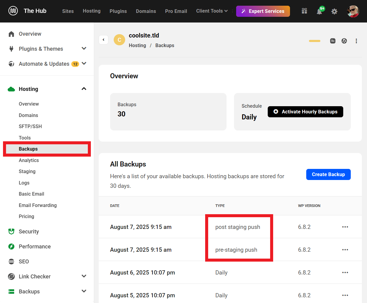 Hosting backups when moving staging to production