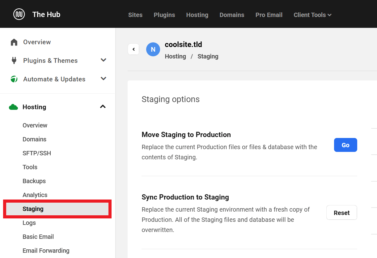 Access the Staging feature of a WPMU DEV hosted site
