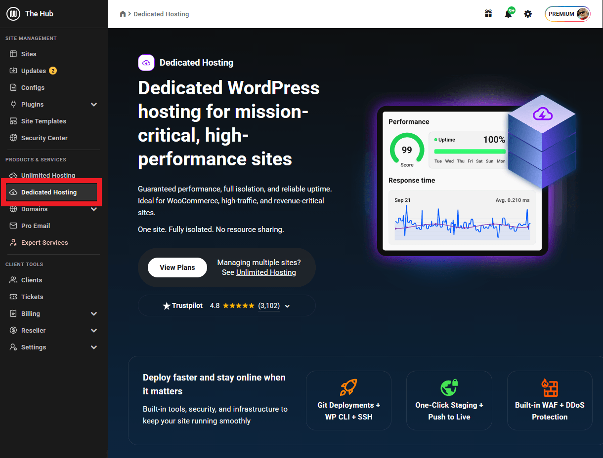 Dedicated Hosting landing page in The Hub