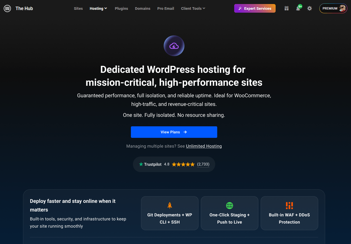 Dedicated Hosting landing page in The Hub