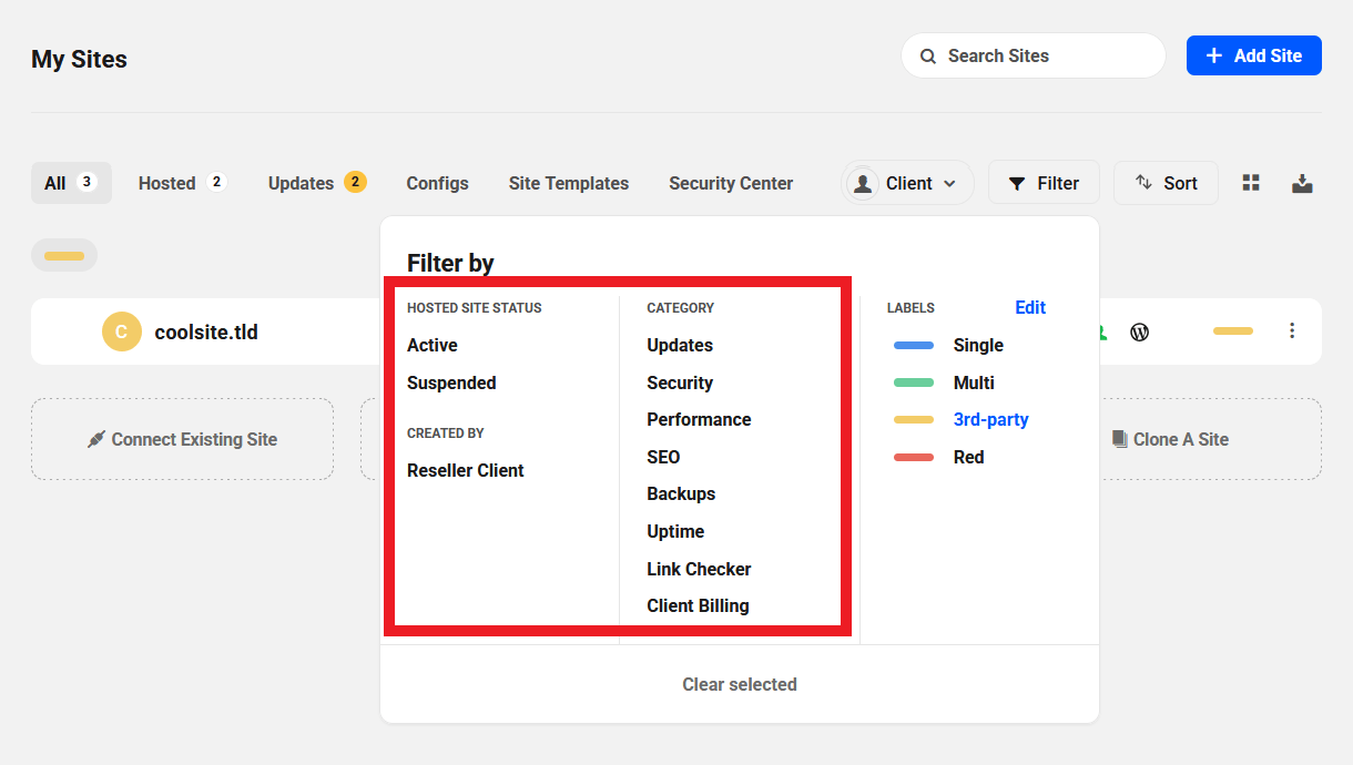 Filter sites by category on the My Sites screen in The Hub