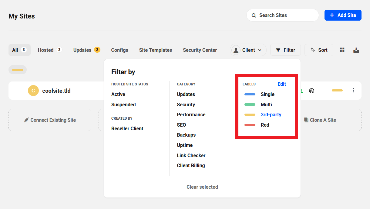 Filter sites by label on the My Sites screen in The Hub