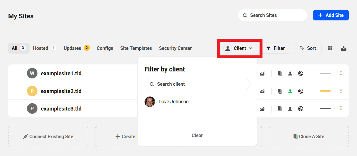 Filter hosted sites by client on the My Sites screen in The Hub