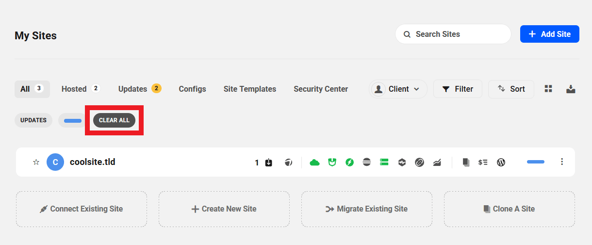 Clear all filters in the sites list