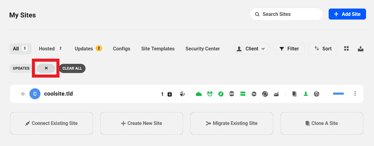 Clear one filter in the sites list
