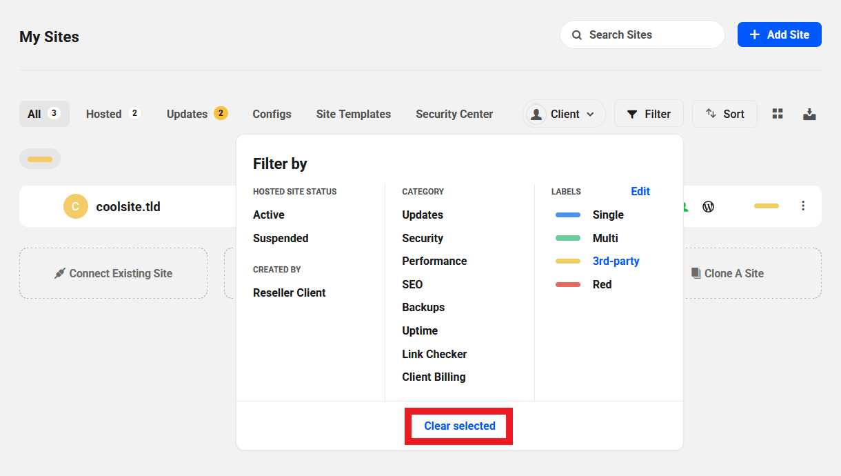 Clear selected filters in the sites list