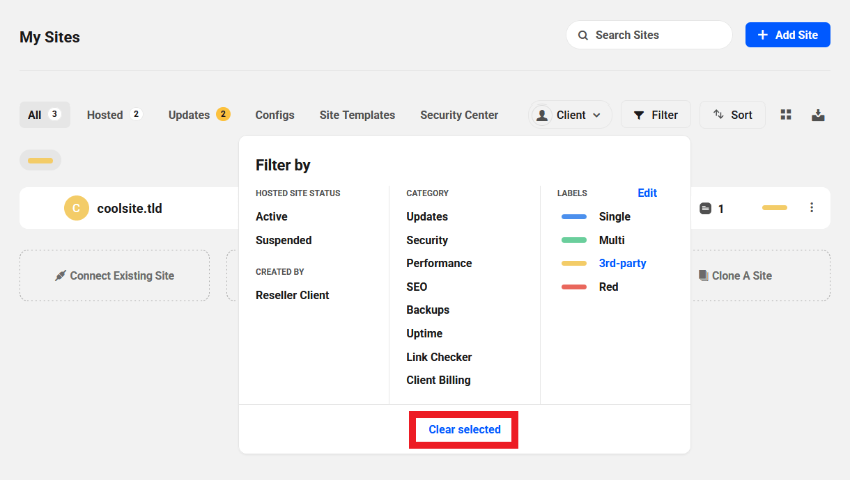 Clear selected filters in the sites list