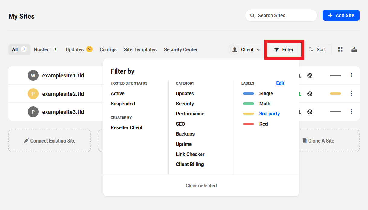 Filter sites on the My Sites screen in The Hub