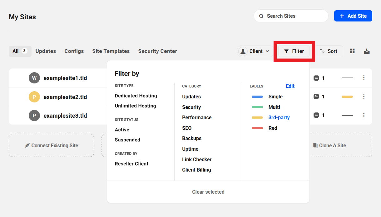 Filter sites on the My Sites screen in The Hub