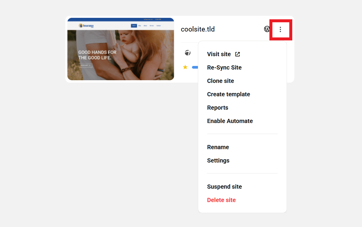 Site options icon in My Sites grid view