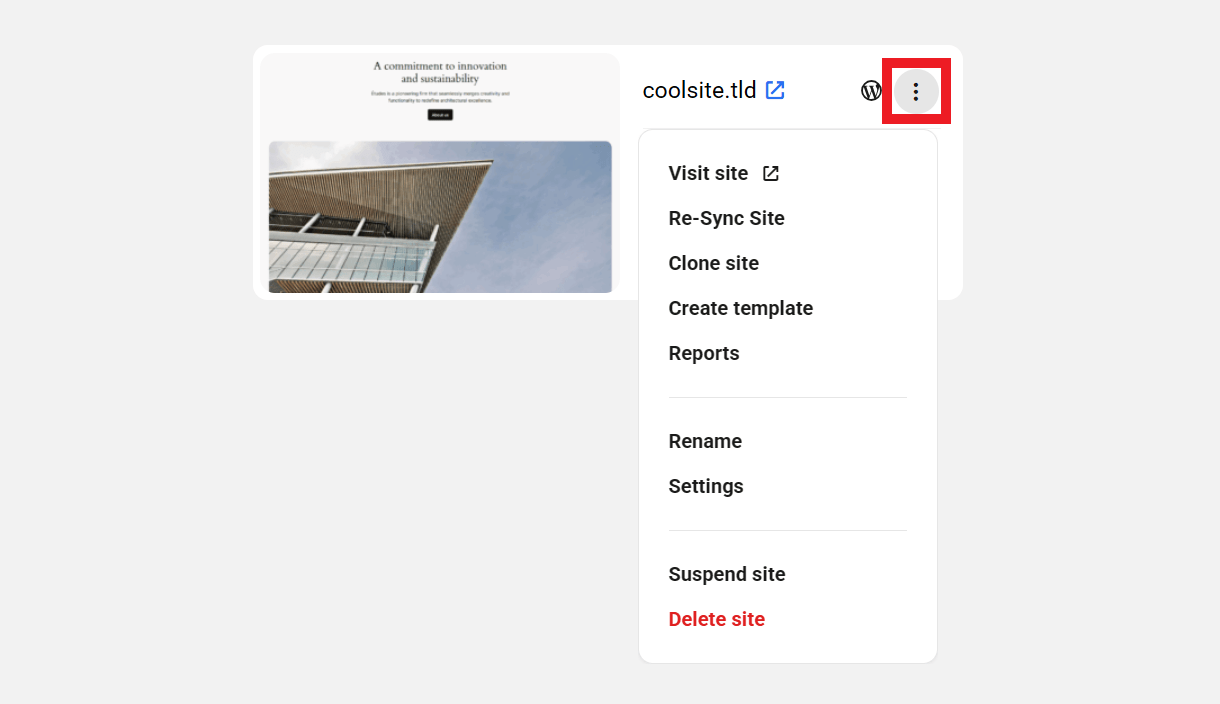 Site options icon in My Sites grid view