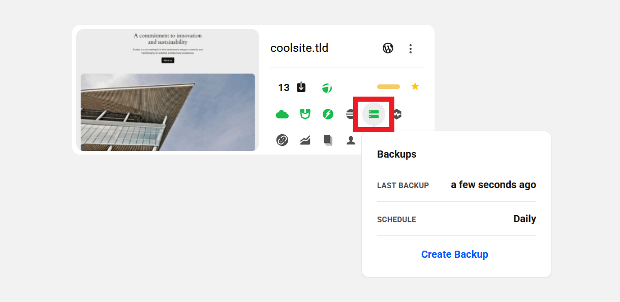 Backups icon in My Sites grid view