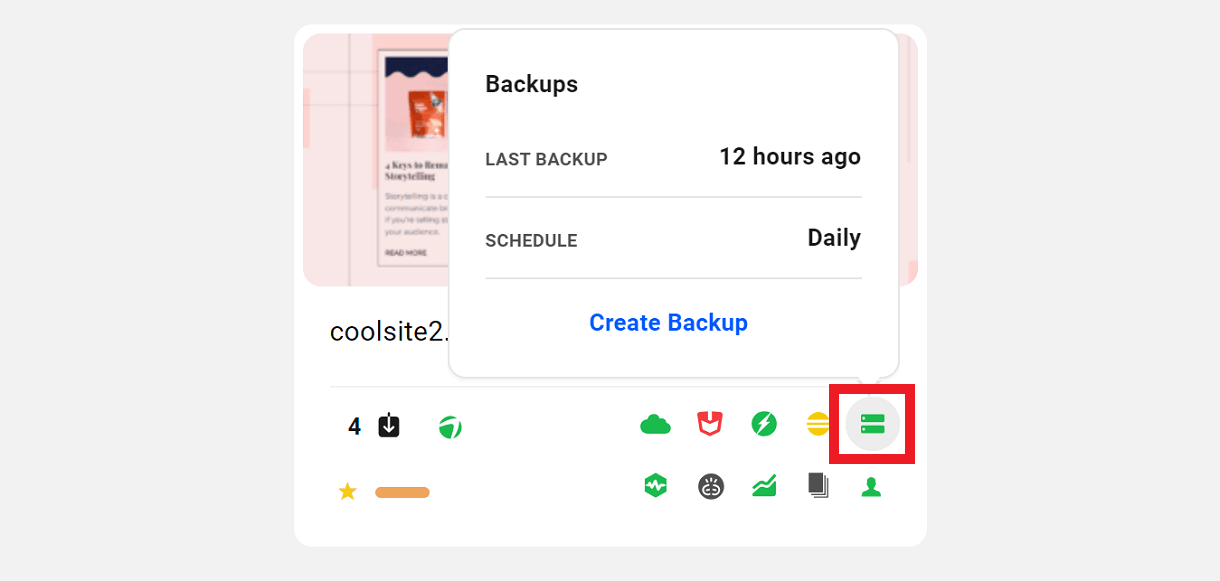 Backups icon in My Sites grid view