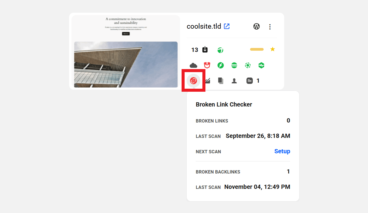 Link Checker icon in My Sites grid view