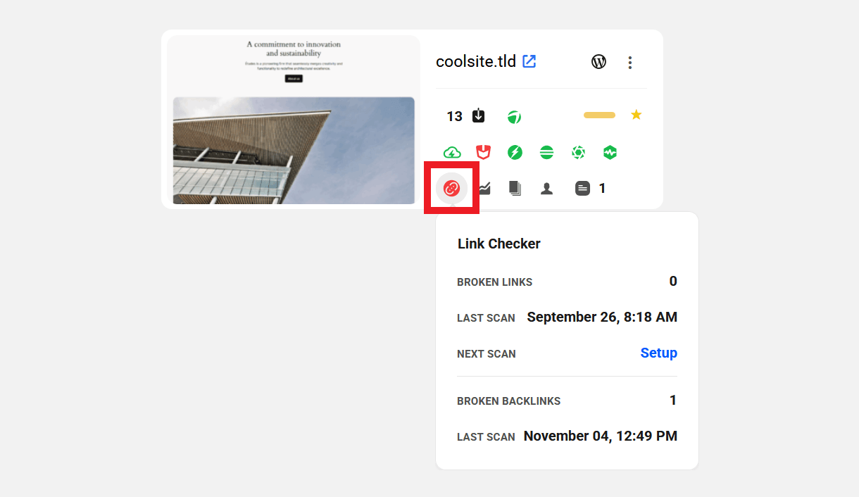 Link Checker icon in My Sites grid view