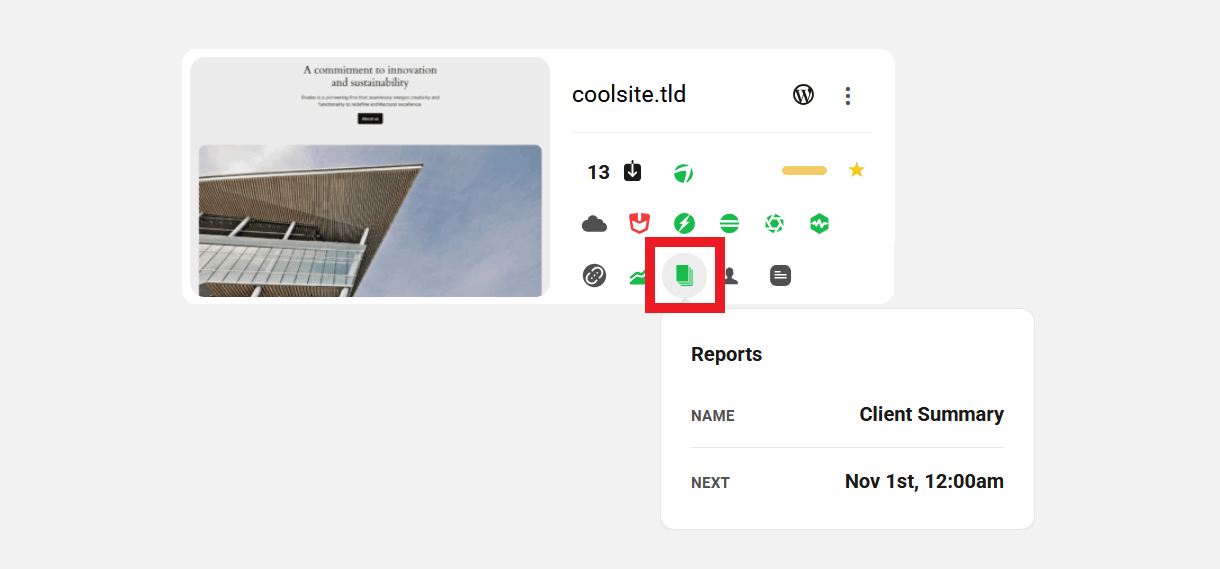 Reports icon in My Sites grid view