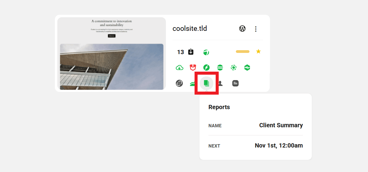 Reports icon in My Sites grid view