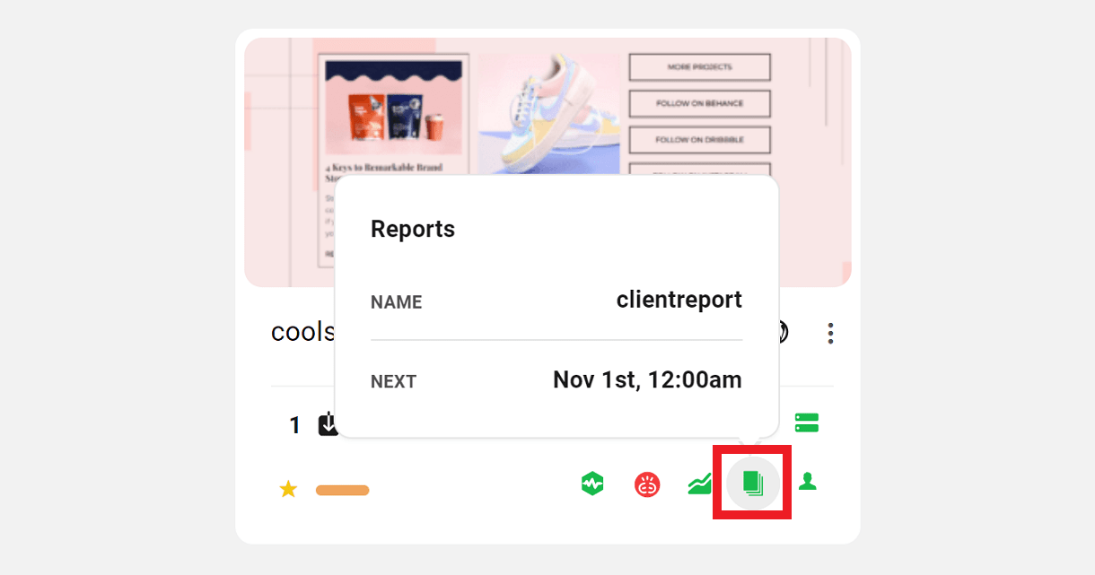 Reports icon in My Sites grid view