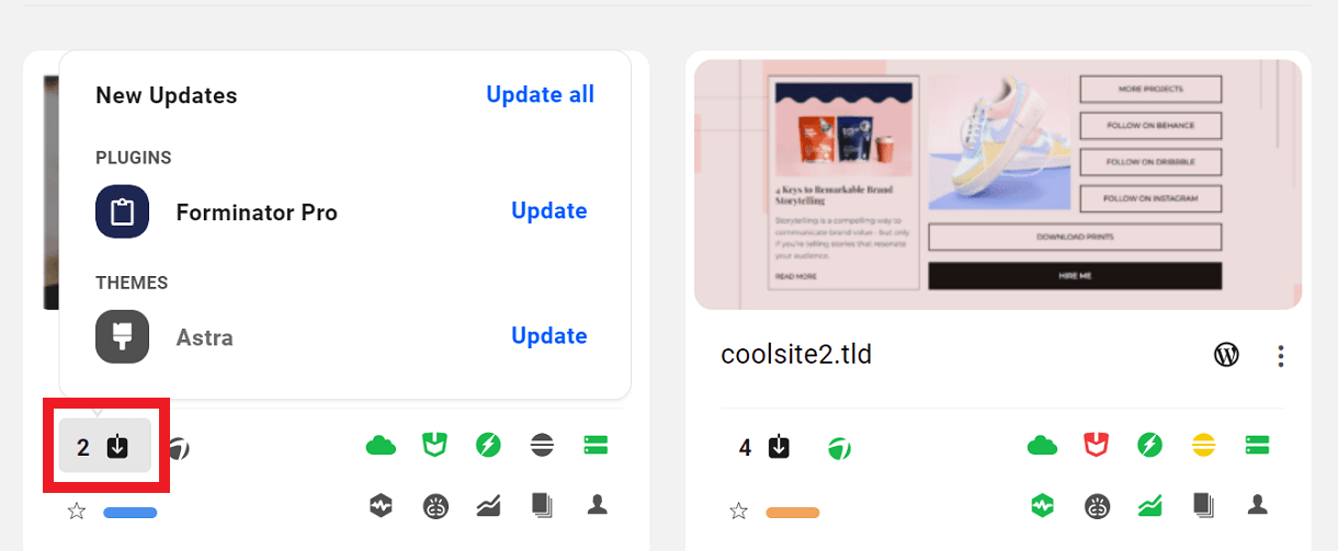 Updates icon in My Sites grid view