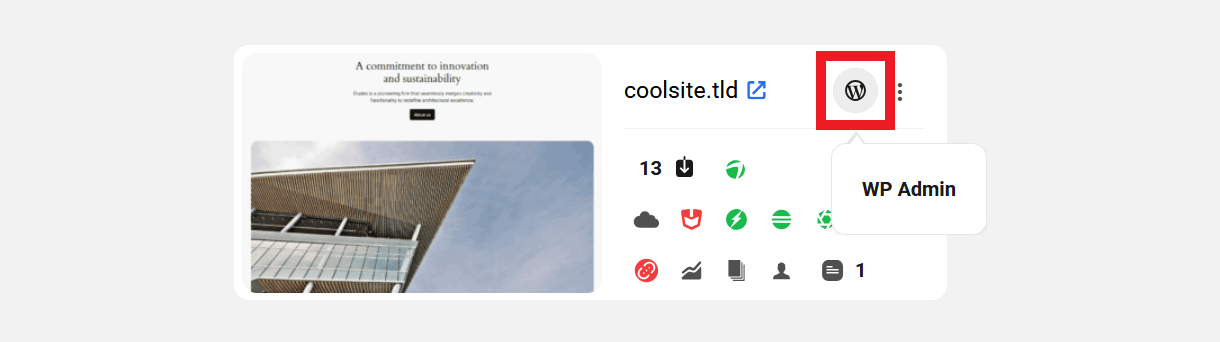 WP-Admin icon in My Sites grid view