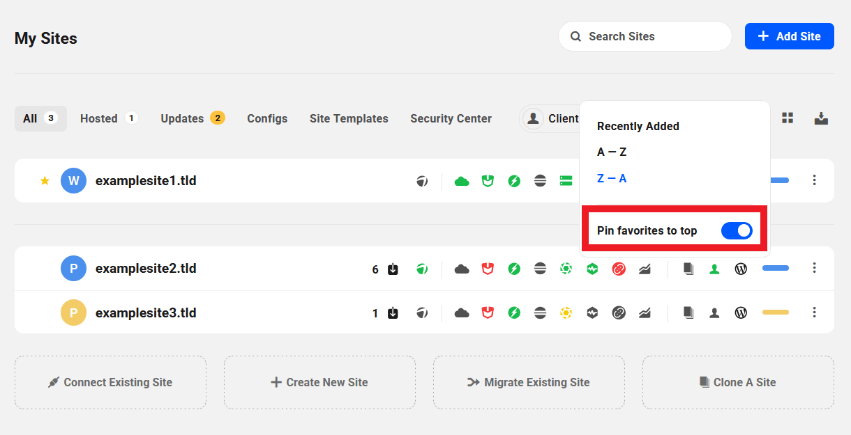 Pin favorite sites to the top in The Hub