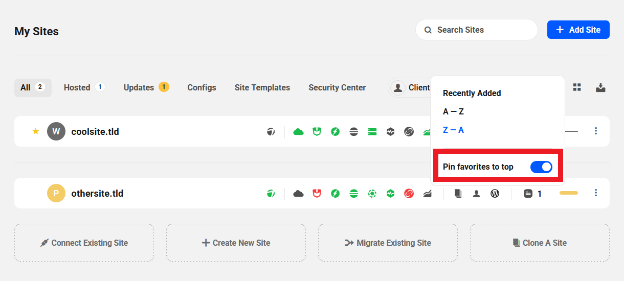 Pin favorite sites to the top in The Hub
