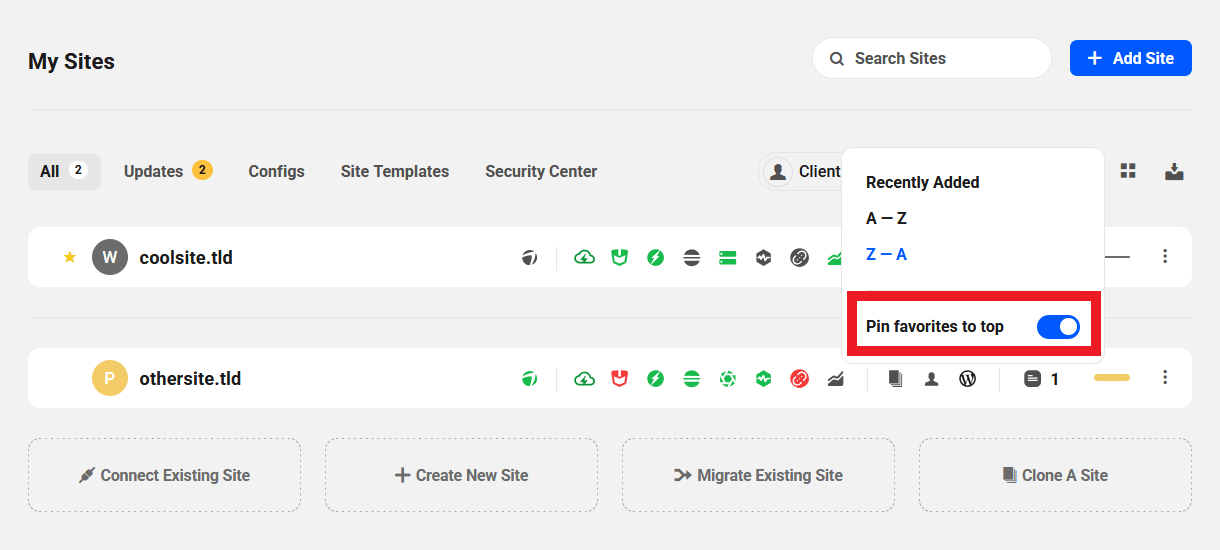 Pin favorite sites to the top in The Hub