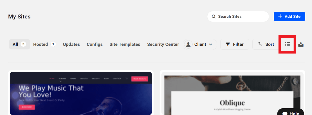 Switch to List View on the My Sites screen in The Hub