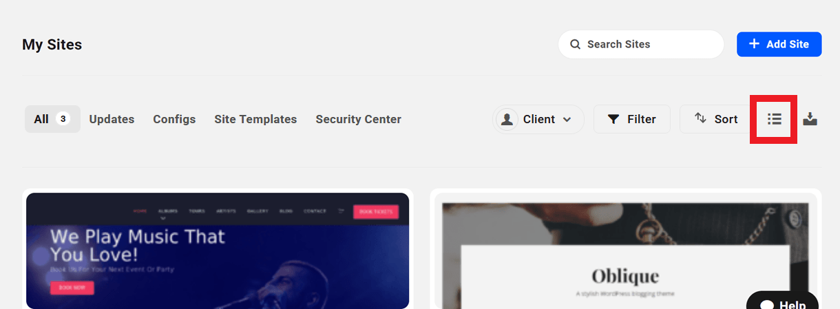 Switch to List View on the My Sites screen in The Hub
