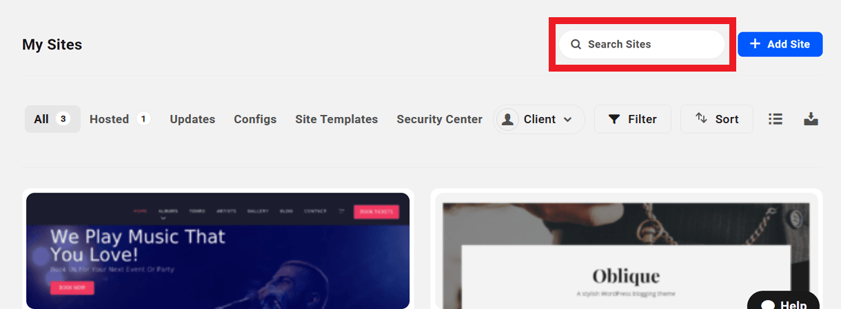 Search sites on the My Sites screen in The Hub