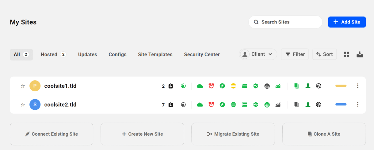 Sites list in The Hub
