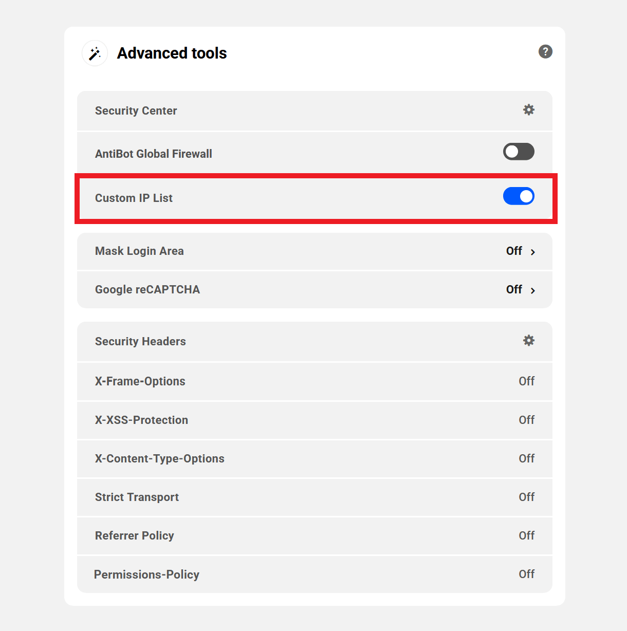 Activate Custom IP List from a site's Security tab in The Hub