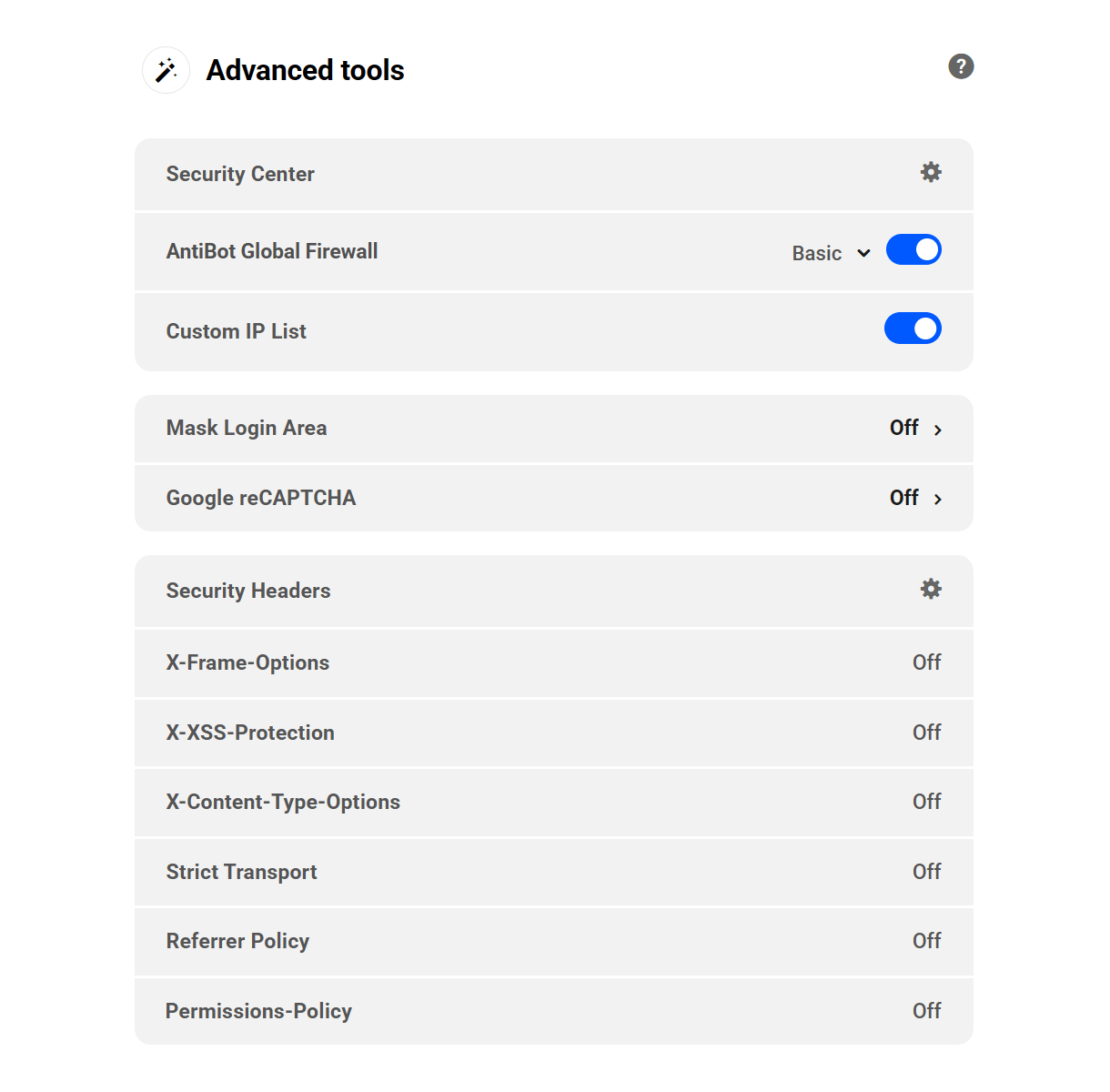 Advanced Tools widget on the Hub Security Overview screen
