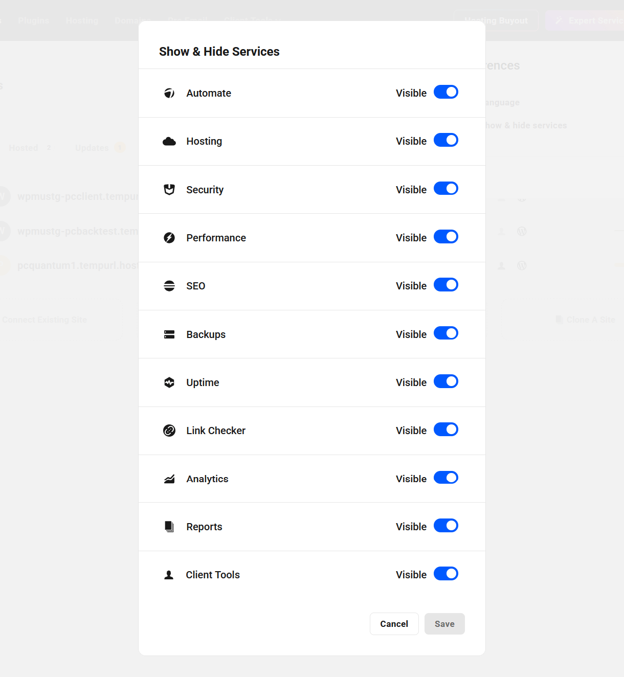 Show and hide services in The Hub