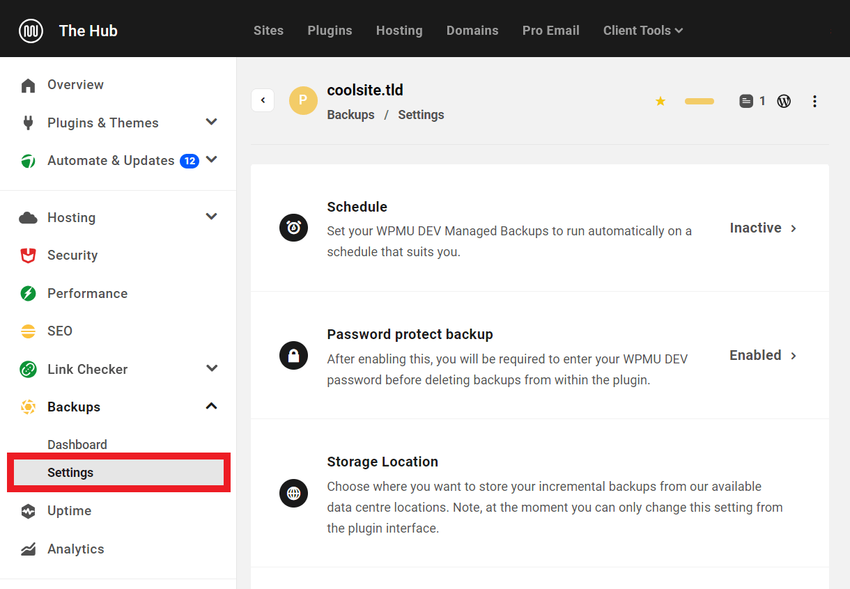 Backups settings in The Hub