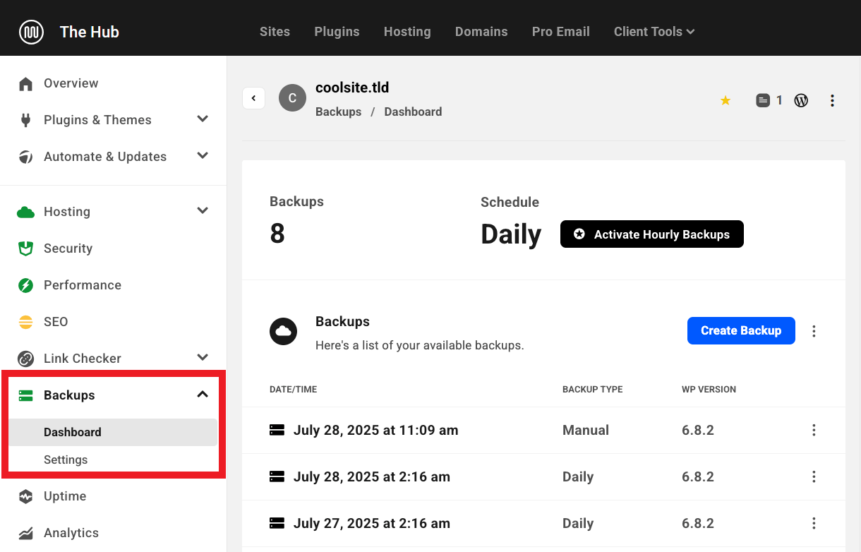 Managing backups in The Hub