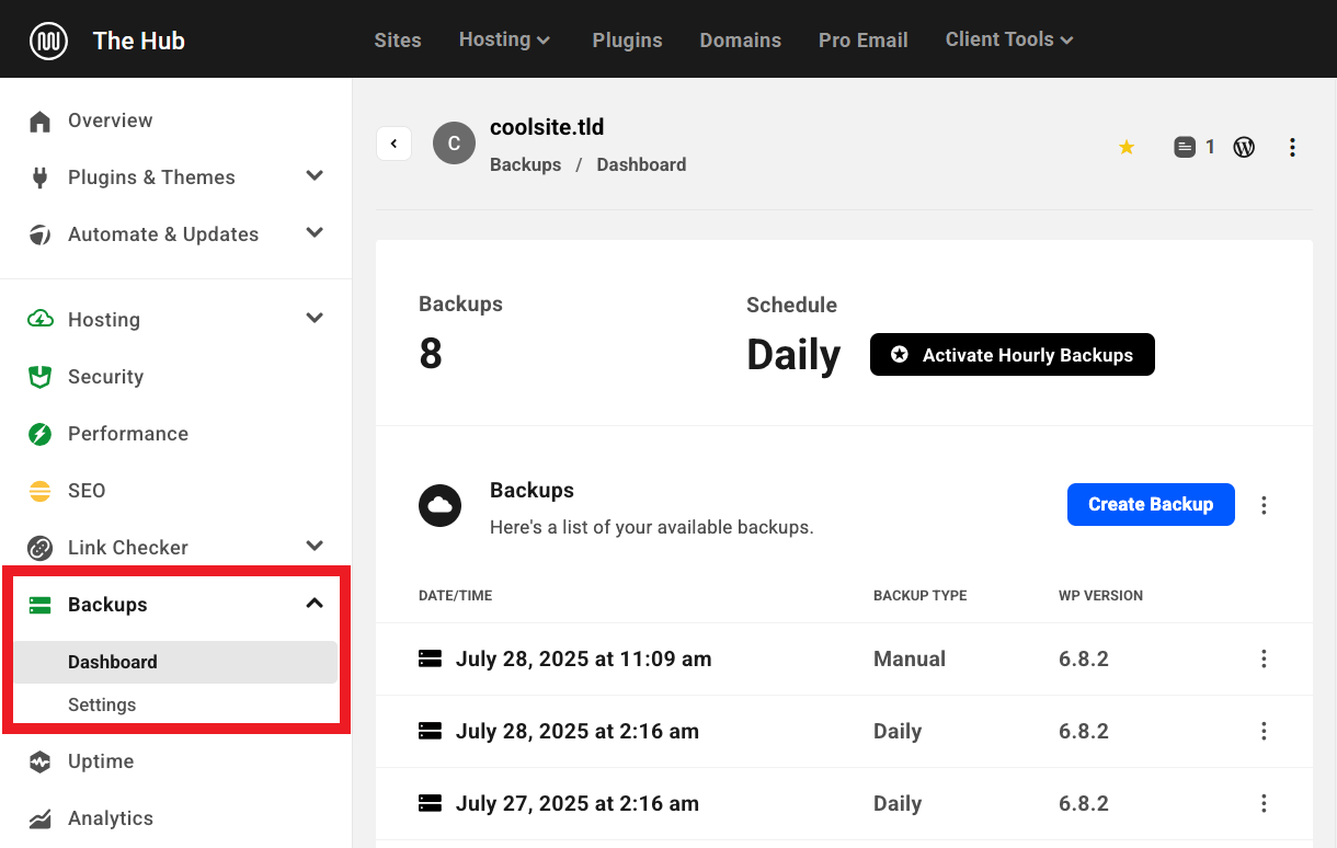 Managing backups in The Hub