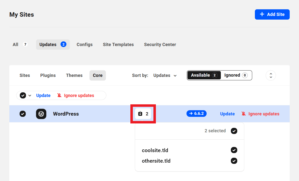 Update WordPress core on selected sites in The Hub