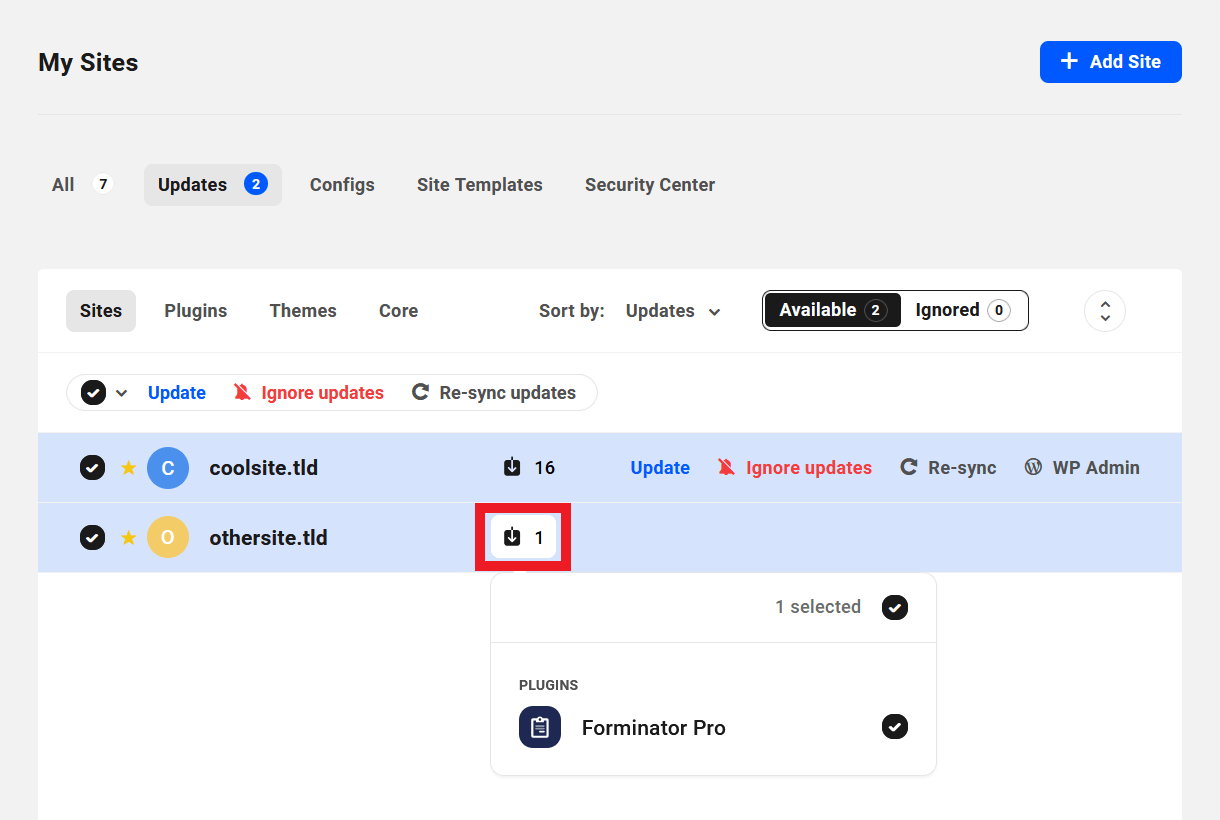 Select plugins to update per site in the Hub