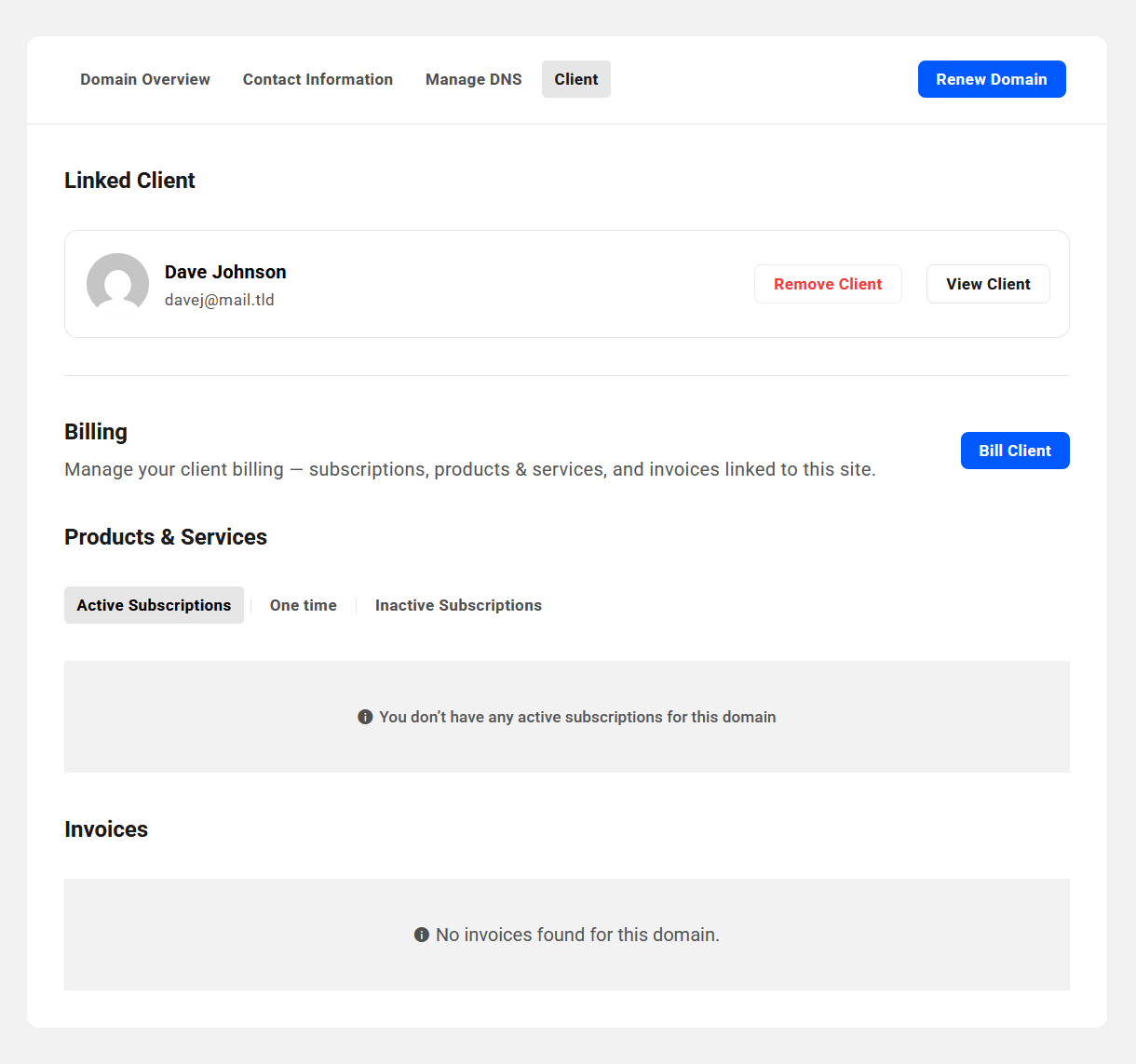 Client associated with a domain in the Hub