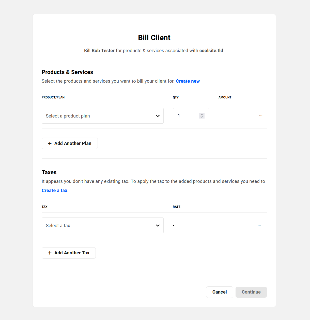 Bill a client associated with a domain for products or services