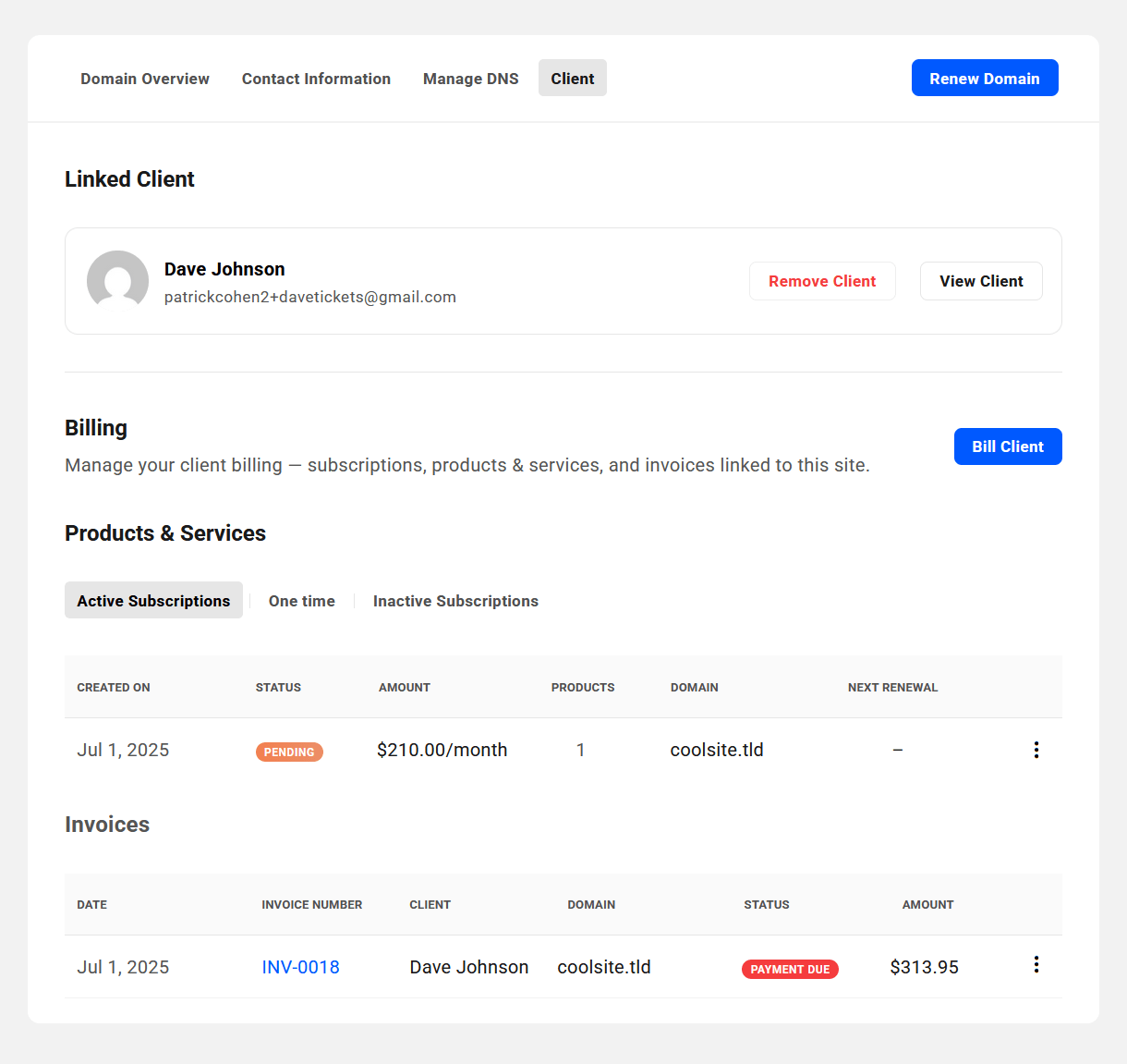 Products and invoices for a client associated with a domain