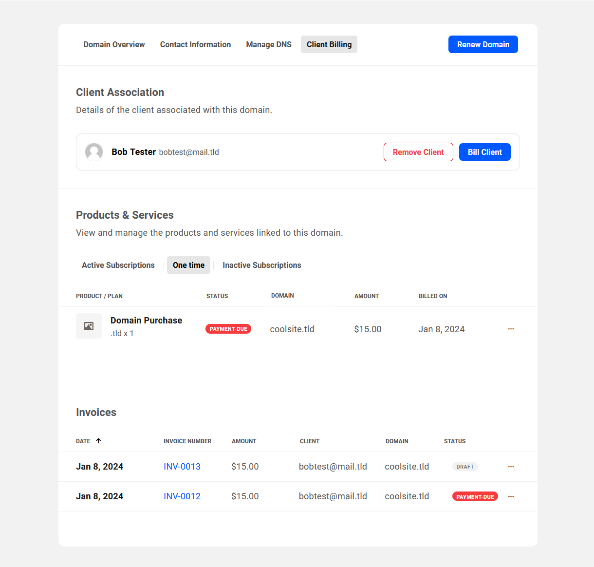 Products and invoices for a client associated with a domain