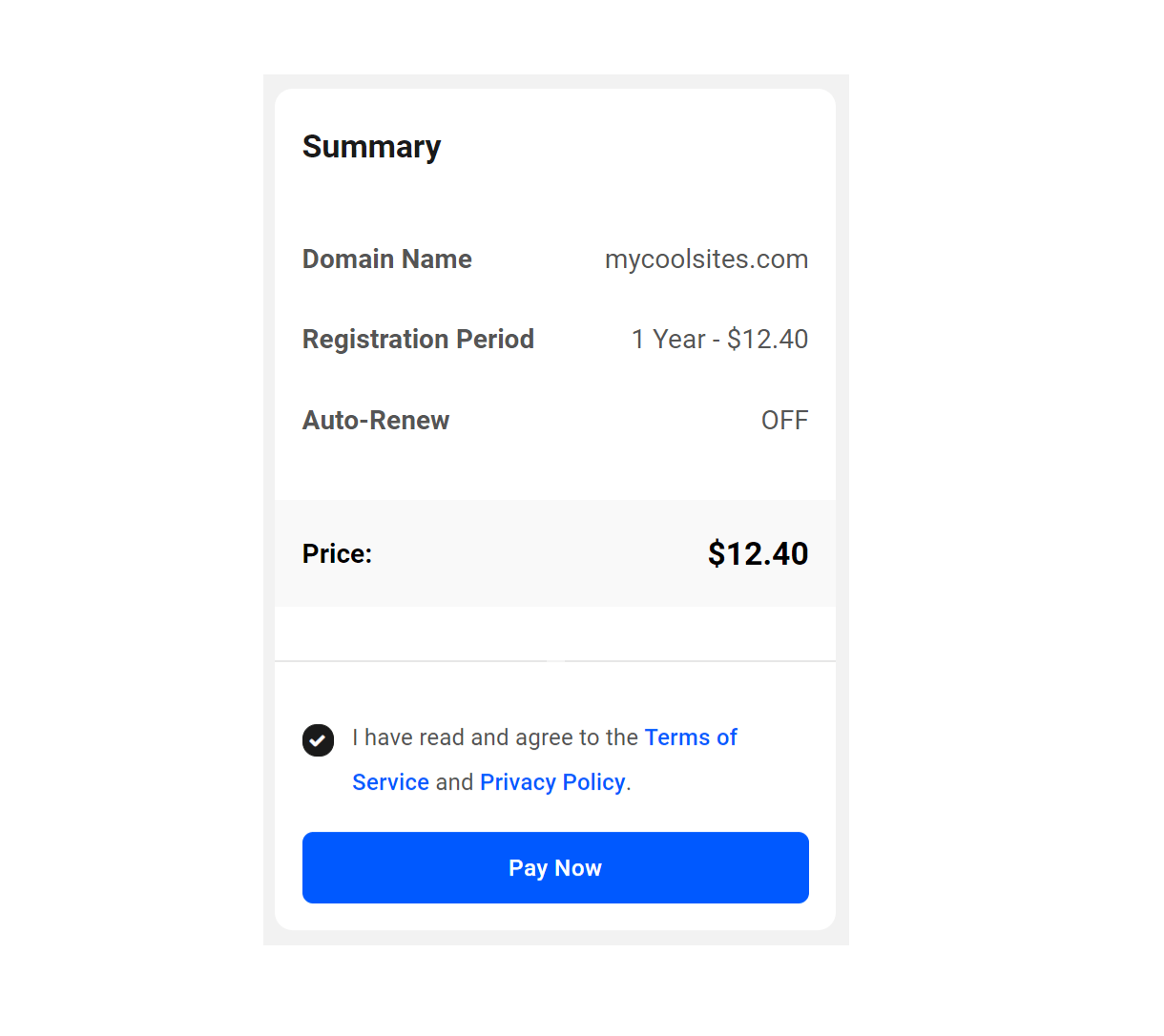 Purchase summary for a new domain registered in the Hub