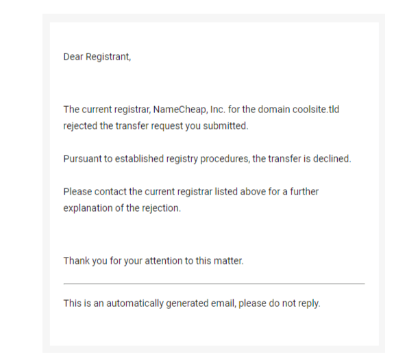 Domain transfer decline email