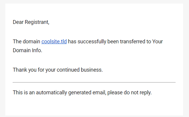 Domain transfer success email